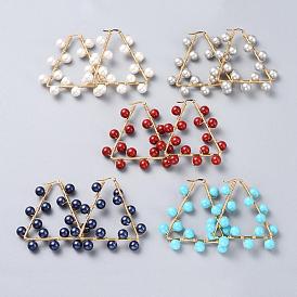 Beaded Hoop Earrings, with Shell Pearl Beads, 304 Stainless Steel Findings and Copper Wire, Triangle, Golden