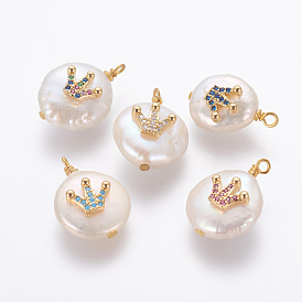 Natural Cultured Freshwater Pearl Pendants, with Brass Micro Pave Cubic Zirconia Findings, Nuggets with Crown