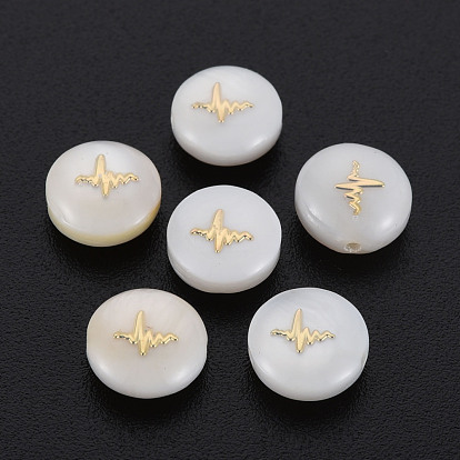 Natural Freshwater Shell Beads, with Golden Plated Brass Metal Embellishments, Flat Round with ECG