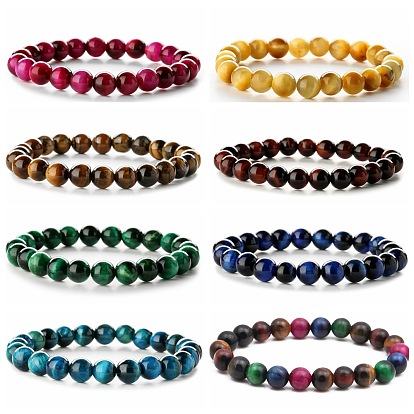 Colorful 8mm Tiger Eye Bead Bracelet with Blue and Green Round Beads