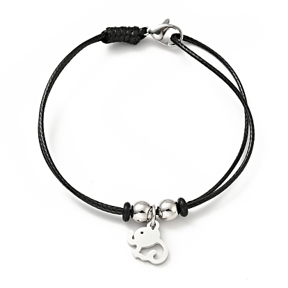 304 pulsera de acero inoxidable con colgante de elefante y cordón encerado para mujer