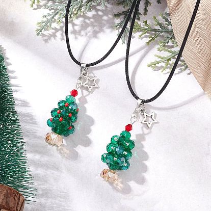 2 шт. 2 стили гальванизированные стеклянные бусины темно-голубого цвета с подвеской в виде рождественской елки и звезды из сплава черные вощеные хлопковые шнуры ожерелья, античное серебро