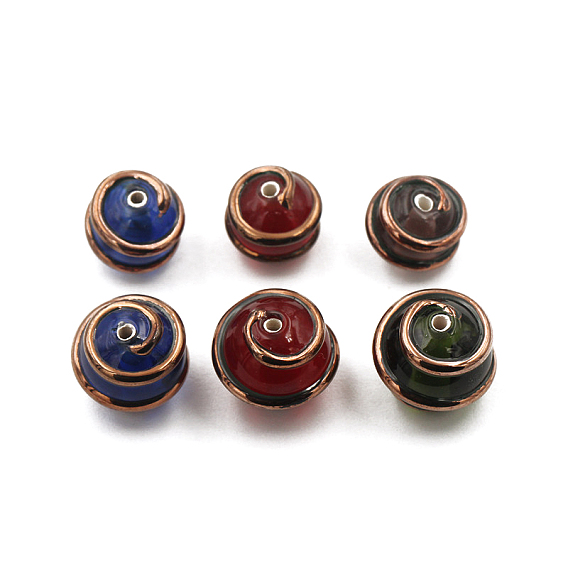 Retro Czech Glass Beads, Red Copper Metal Wrapped Beads, Round