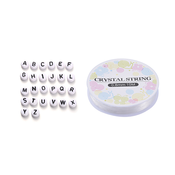 520Pcs Alphabet Acrylic Beads, with 1 Roll Elastic Crystal Thread, Flat Round