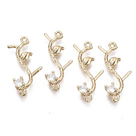 Brass Micro Pave Cubic Zirconia Links Connectors, Long-Lasting Plated, Branch and Leaves, Light Gold