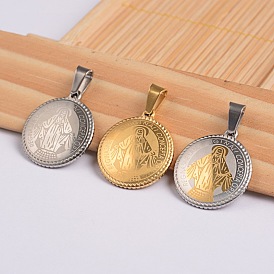 Плоские круглые с Девой Марией и слова 304 подвесками из нержавеющей стали, 21.8x19x3.5 мм, отверстие : 4x6.5 мм