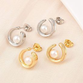 Латунь серьги, с абс пластмассовой имитационной жемчужиной, круглые