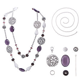 DIY Necklace Making, with Flat Round Tibetan Style Alloy Filigree Joiners, Gemstone Bead, Alloy Bead, Glass Bead and Iron Cable Chains