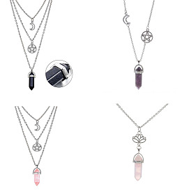 Hollow Star Moon Hexagonal Column Necklace for Women Triple-layered Clavicle Chain