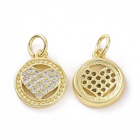 Brass Micro Pave Cubic Zirconia Charms, Real 18K Gold Plated, with Jump Ring, Flat Round with Heart