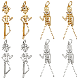 Nbeads 8Pcs 4 Style Halloween Brass Micro Pave Clear Cubic Zirconia Pendants, Skeleton Man