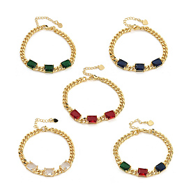 Brass Bracelets, with Glass, Real 18K Gold Plated, Rectangle