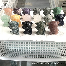 Gemstone Carved Healing Bowknot Bear Figurines, Reiki Energy Stone Display Decorations