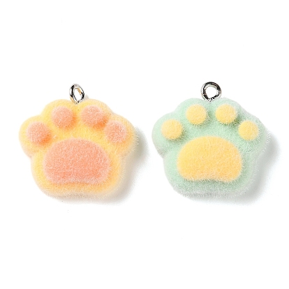 Flocking Opaque Resin Pendants, Paw Print Charm, with Platinum Iron Loop