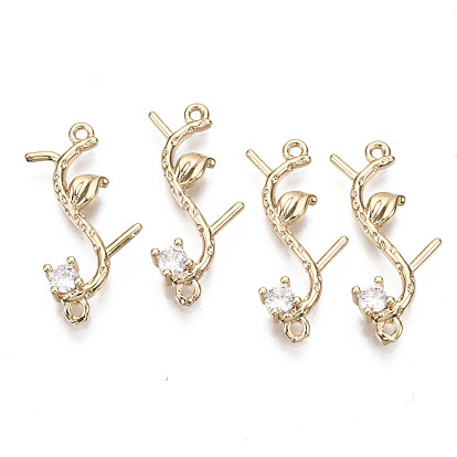 Brass Micro Pave Cubic Zirconia Links Connectors, Long-Lasting Plated, Branch and Leaves, Light Gold