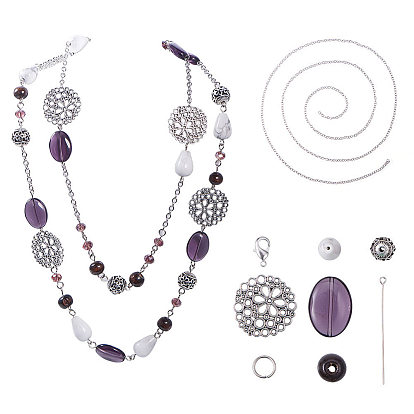 DIY Necklace Making, with Flat Round Tibetan Style Alloy Filigree Joiners, Gemstone Bead, Alloy Bead, Glass Bead and Iron Cable Chains