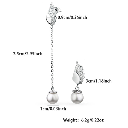 Rhodium Plated 925 Sterling Silver Micro Pave Cubic Zirconia Stud Earrings, Asymmetrical Earrings for Women, with Pearl Round Beads