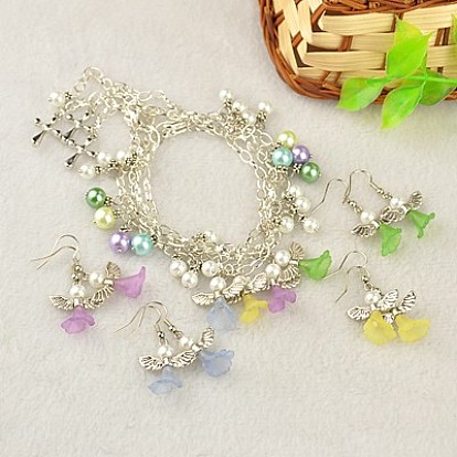 Encantadores del vestido de boda del ángel de la joyería de los conjuntos: aretes y pulseras, con abalorios de estilo tibetano, Cuentas de perlas de vidrio, colgantes de acrílico, cadenas de hierro, ganchos del pendiente de bronce y aleación broches pinza de langosta