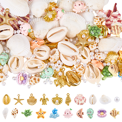 Самодельные наборы для поиска, включая 50г бусин из ракушек моллюсков, 6шт. натуральной раковины, 2 мешочки с бусинами из раковин моллюсков, 10пластиковые бусины ccb шт., 30 подвески из сплава шт., 100шт. пластиковых бусин и 20шт. смоляных кабошонов