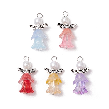 Прозрачные стеклянные бусины с круглыми бусинами из АБС-пластика, имитирующими жемчуг, и бусины в виде крыльев феи из сплава в тибетском стиле, а также 304 подвески с плоскими головками из нержавеющей стали, цветок