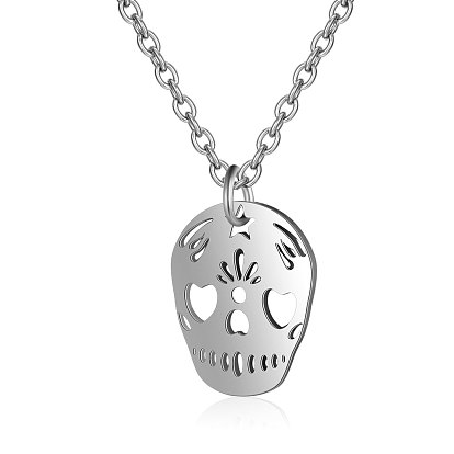 201 Stainless Steel Pendant Necklaces, with Cable Chains, Skull