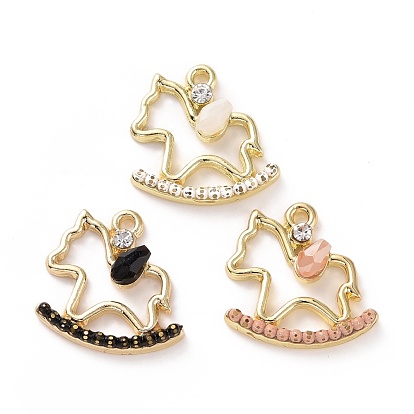 Rack Plating Alloy Crystal Rhinestone Pendants, with Resin Beads, Real 16K Gold Plated, Rocking Horse