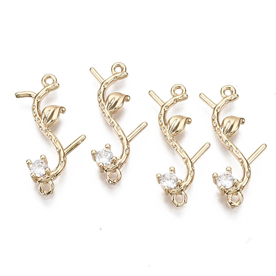 Brass Micro Pave Cubic Zirconia Links Connectors, Long-Lasting Plated, Branch and Leaves, Light Gold