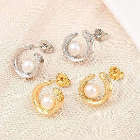 Латунь серьги, с абс пластмассовой имитационной жемчужиной, круглые