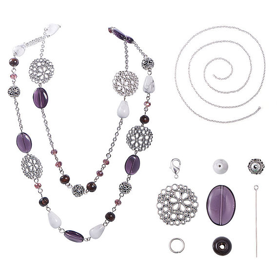 DIY Necklace Making, with Flat Round Tibetan Style Alloy Filigree Joiners, Gemstone Bead, Alloy Bead, Glass Bead and Iron Cable Chains