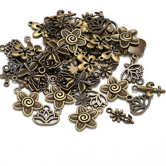 Tibetan Style Alloy Pendants, Flower, Mixed Style, 8~65x6~47x1~8mm, Hole: 1~11x8mm