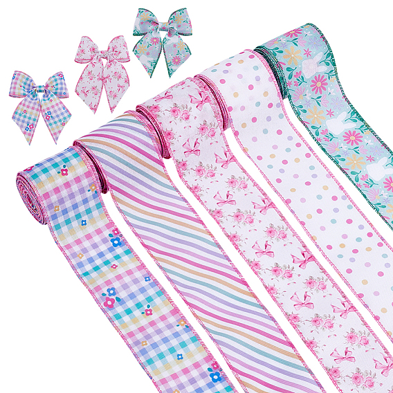 5 Rolls 5 Styles Polyester Ribbon, Tartan/Flower, with Iron for Cloth Dress Sewing Accessories