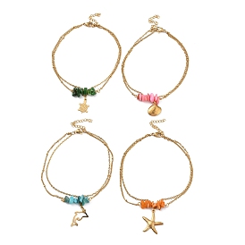 Dyed Natural Shell Chips Charms Anklet, Golden 304 Stainless Steel Chains Double Layer Anklet