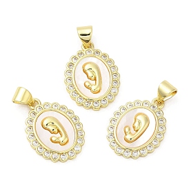 Brass Pave Cubic Zirconia  Pendants, with Shell, with Jump Ring, Long-Lasting Plated, Lead Free & Cadmium Free, Oval