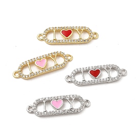 Brass Micro Pave Clear Cubic Zirconia Connetor Charms, with Enamel, Oval Links with Heart