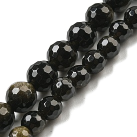 Natural Golden Sheen Obsidian Beads Strands, (128 Facets)Faceted, Round