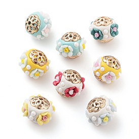 Handmade Indonesia Beads, with Alloy and Resin, Round with Flower