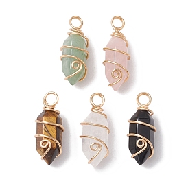 Natural Mixed Stone Copper Wire Wrapped Pointed Pendants, Chunk Faceted Bullet Charms