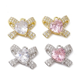 Rack Plating Brass Micro Pave Clear/Pink Cubic Zirconia Pendants, Long-Lasting Plated, Lead Free & Cadmium Free, Bowknot