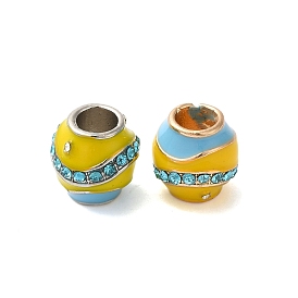 Rack Plating Alloy Enamel European Beads, with Rhinestone, Cadmium Free & Nickel Free & Lead Free, Large Hole Beads, Barrel