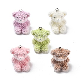 Flocky Opaque Resin Pendants, with Platinum Iron Loops,  Bear Charm