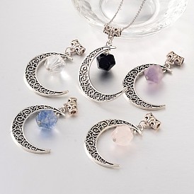 Antique Silver Plated Moon Alloy Big Pendants, with Gemstone Beads, 50.5x36x12mm, Hole: 3mm