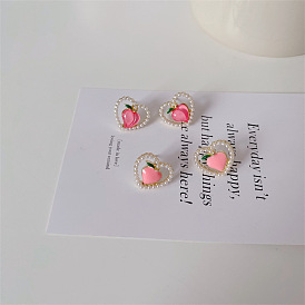 Peach Pearl Love Silver Needle Stud Earrings Sweet Drop Glaze Pink Earrings Niche Temperament Ear Clip Earrings