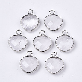 Natural Quartz Crystal Pendants, Rock Crystal Pendants, with Platinum Plated Brass Findings, Faceted, Heart