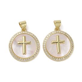Brass Micro Pave Clear Cubic Zirconia Pendants, with Shell, Flat Round with Cross