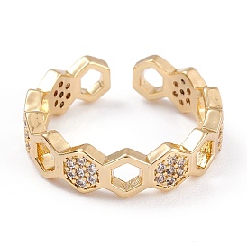 Brass Clear Cubic Zirconia Cuff Rings, Open Rings, Long-Lasting Plated, Polygon