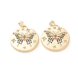 Brass Micro Pave Cubic Zirconia Pendants, Long-Lasting Plated, Flat Round with Butterfly