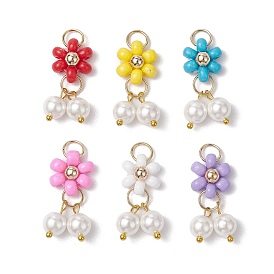 6Pcs 6 Colors Baking Paint Glass Seed Pendants, with Shell Pearl Beads & Golden 304 Stainless Steel Loops & Brass Findings, Flower