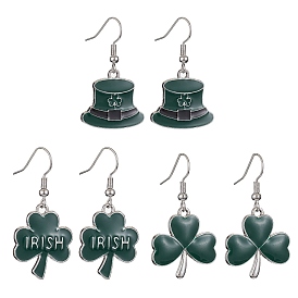 3 Pair 3 Style Saint Patrick's Day Alloy Enamel Dangle Earrings with Brass Pins for Women, Hat & Clover Earrings