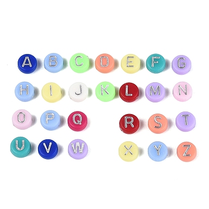 Непрозрачные акриловые бусины, плоские круглые с буквы, серебристого металла, обвитыми