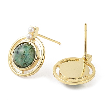 Dyed Synthetic & Natural Mixed Gemstone Half Round Dangle Stud Earrings, Real 18K Gold Plated Brass Earrings, Cadmium Free & Lead Free